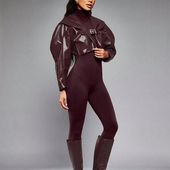 Burgundy Casual Women's Long Sleeve Crop Jacket with Belt Buckle Detail - Picture 6 of 6